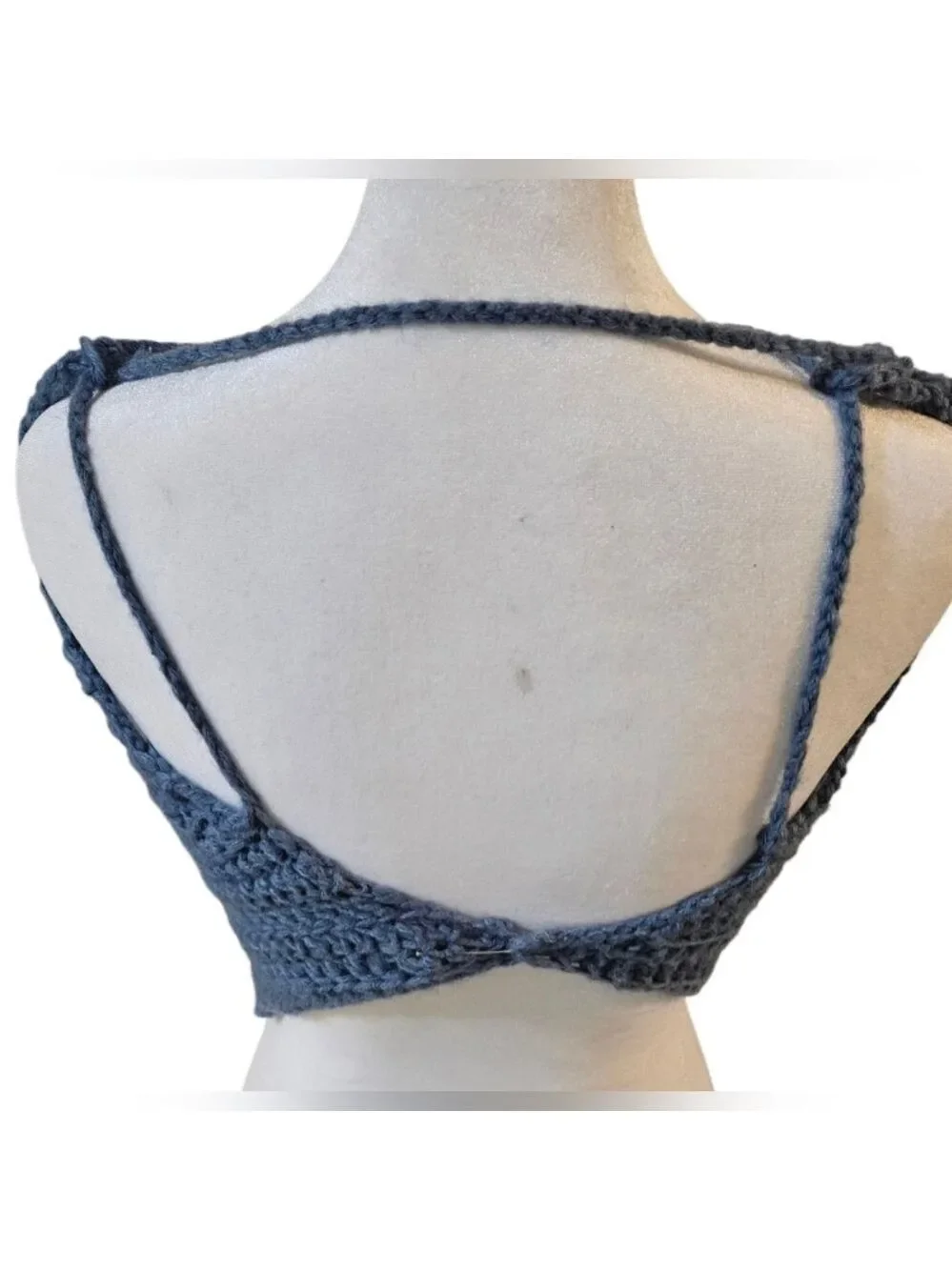 Handmade 4 ways Crochet  Summer Top One-of-a-kind Blue Fishnet Bikini Crop-Top